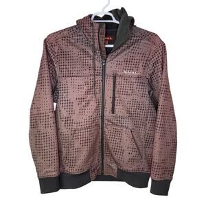 Simms Fishing Mens Small Soft Shell Jacket Hood Fish Scale Print Outdoor Utility